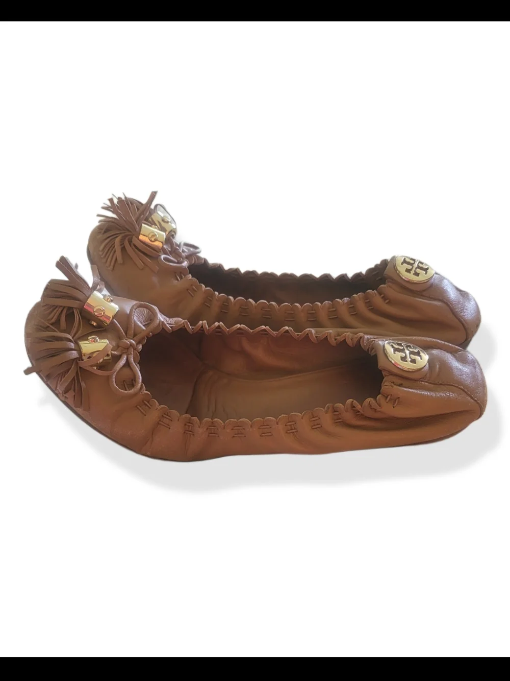 🌿Tory Burch Reese Mestico Royal Tan Leather Tassel Ballet Flats Sz 7